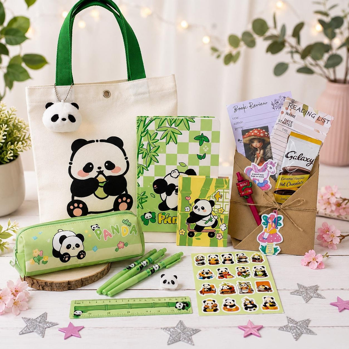 Panda, Mystery Book Gift Set | Wrapped Blind Date with a Book | Panda Tote Bag, Pencil Case, Gel Pens, Notebook, Stickers | Book Lover Gift