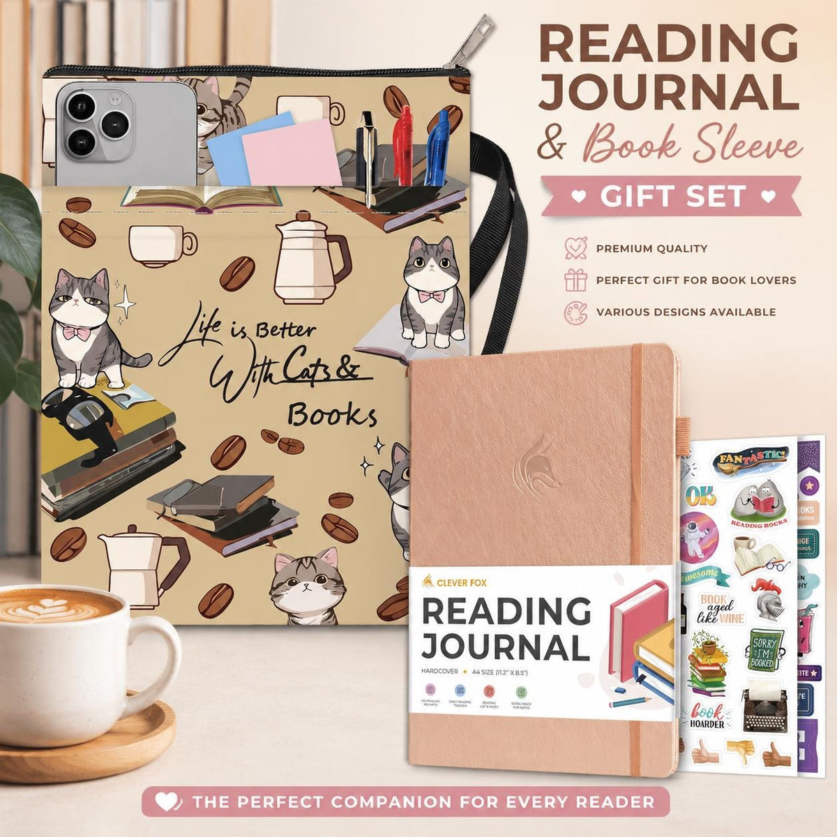 Reading Journal & Book Sleeve Gift Set | Rose Gold Reading Journal with Protective Book Sleeve Bag | Book Lover Gift | Multiple Designs