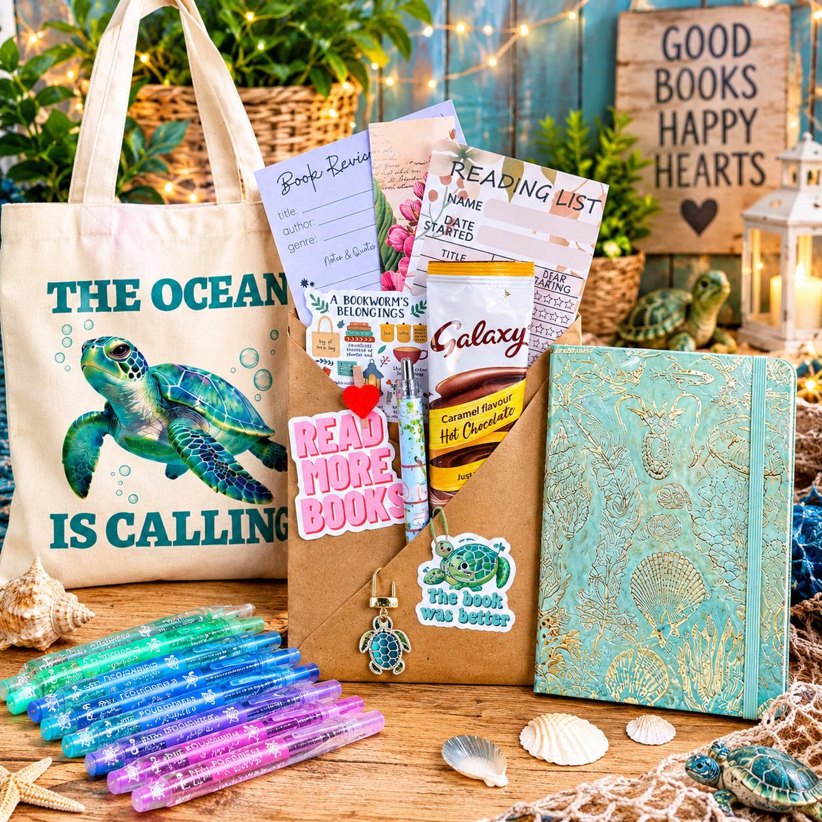 Turtle Gift Set for Book Lovers | Mystery Book and Journal | Sea Turtle Keyring & Pens | Ocean Lover Gift | Bookish Gift Set