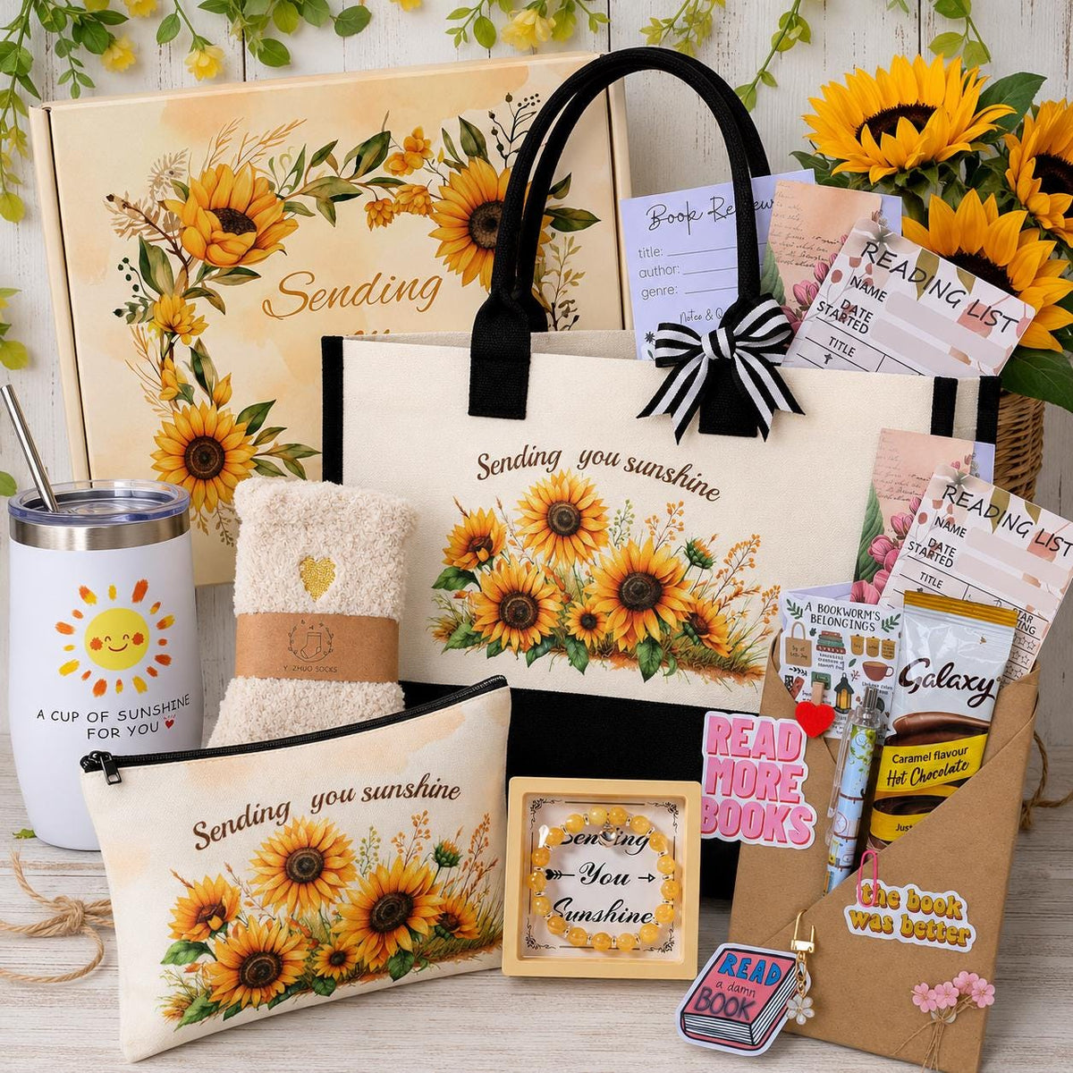 Sunflower Gift Set | Mystery Book | Sending You Sunshine Reading Care Package | Book Lover Gift Box, Tote Bag, Bookish Gifts, Sunflower Gift
