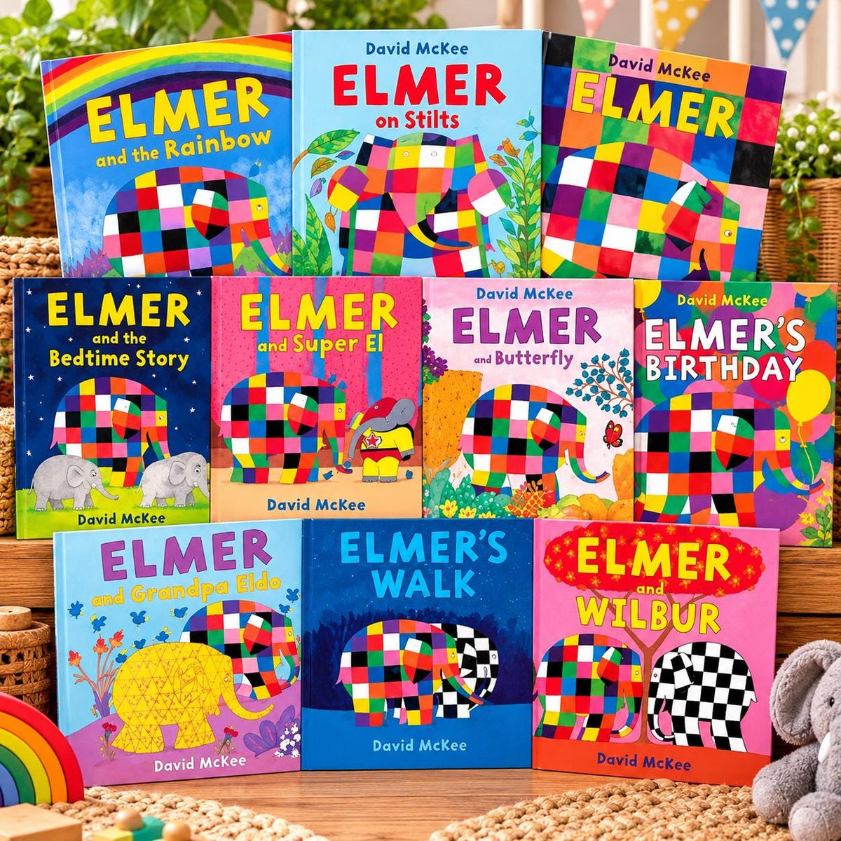 Elmer the Patchwork Elephant Gift Set | 10 David McKee Children's Books & Cuddly Soft Toy | Rainbow Elephant Birthday Gift