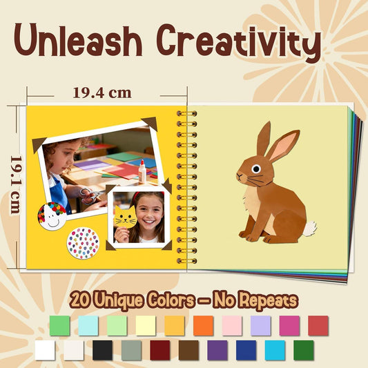 Kids Scrapbook Kit with 12 Colored Pencils & 12 Felt Tip Pens | Rainbow Scrapbook Album, Childrens Craft Set, DIY Activity Journal