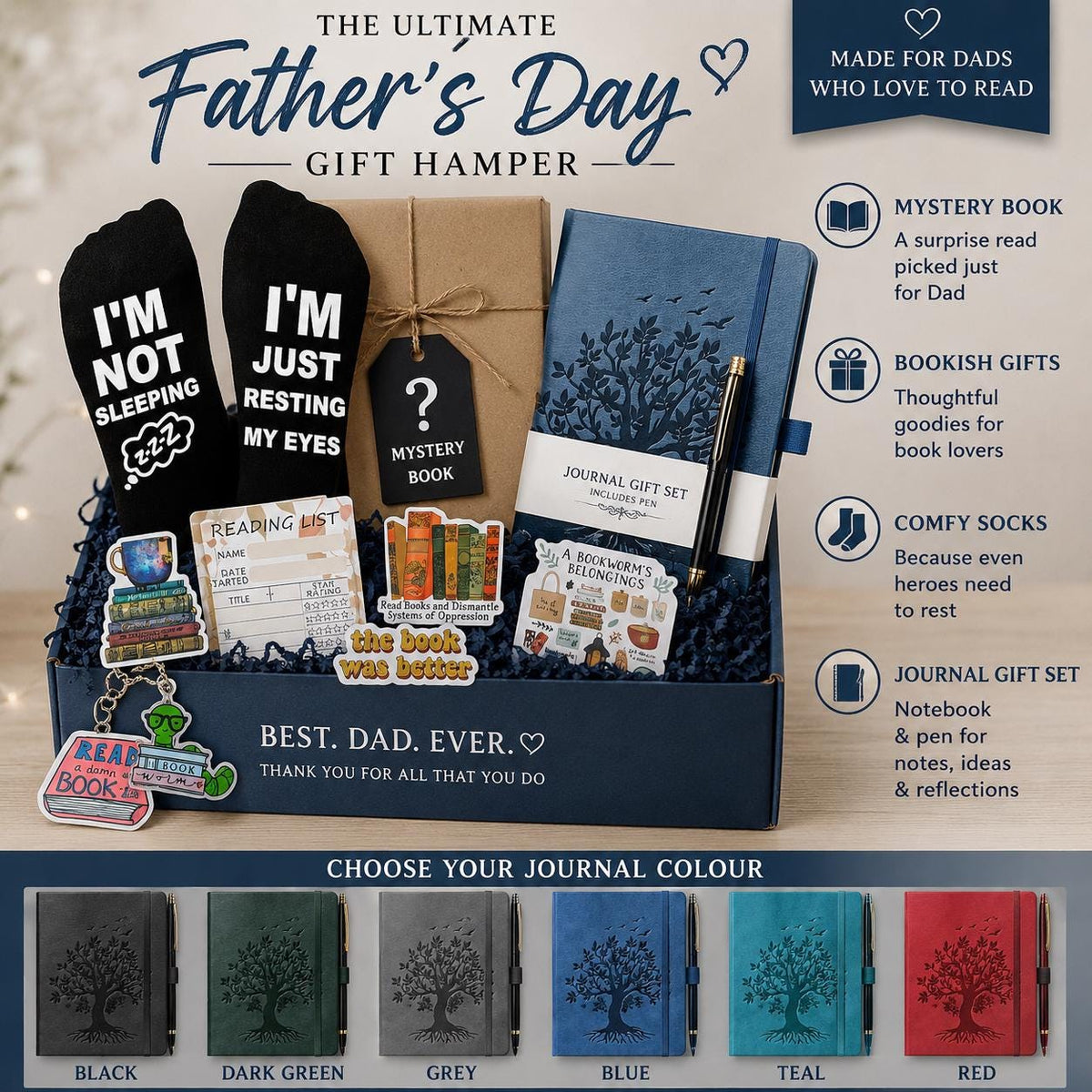Men's Gift Hamper | Mystery Book | Book Lover Gift Box | Journal Set | Funny Socks | Reader Gift Box, Book Gift for Dad