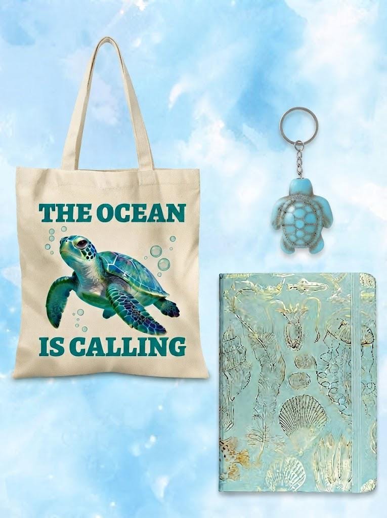 Turtle Gift Set for Book Lovers | Mystery Book and Journal | Sea Turtle Keyring & Pens | Ocean Lover Gift | Bookish Gift Set