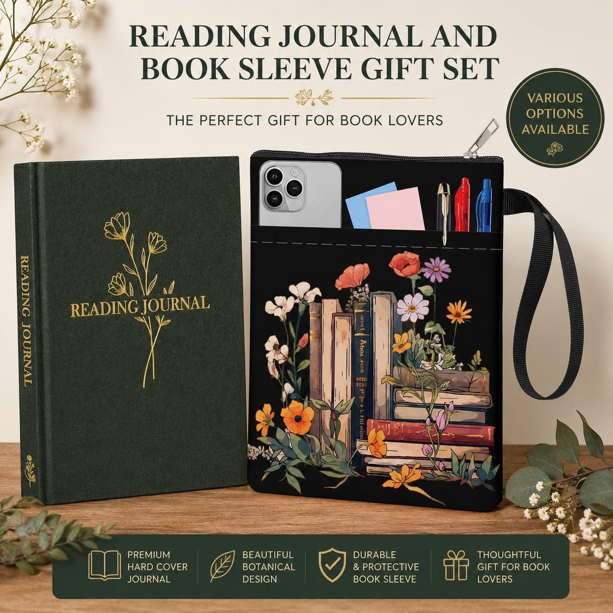 Reading Journal & Book Sleeve Gift Set | Hardback Reading Journal with Protective Book Sleeve Bag | Book Lover Gift | Multiple Designs