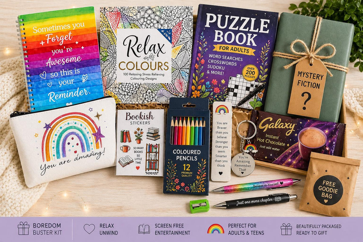 Self Care Relaxation Kit | Get Well Soon Gift | Activity Kit for Adults & Teens | Colouring, Puzzle Book Lover Gift Box | Mystery Book
