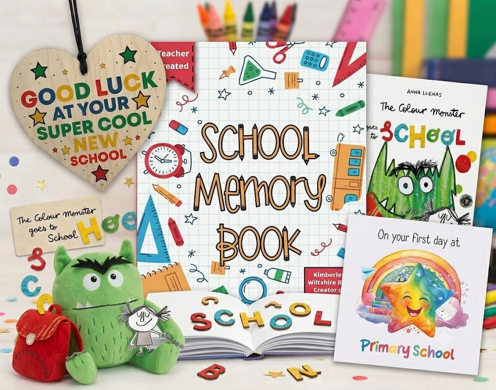School Memory Book & Starting School Gift Set | First Day at Primary School Card, Colour Monster Book, Wooden Good Luck Plaque
