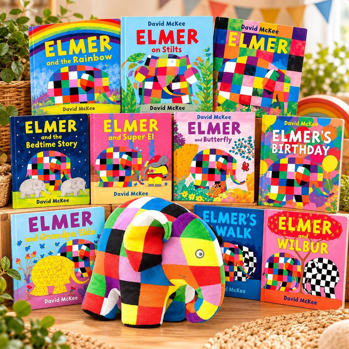 Elmer the Patchwork Elephant Gift Set | 10 David McKee Children's Books & Cuddly Soft Toy | Rainbow Elephant Birthday Gift