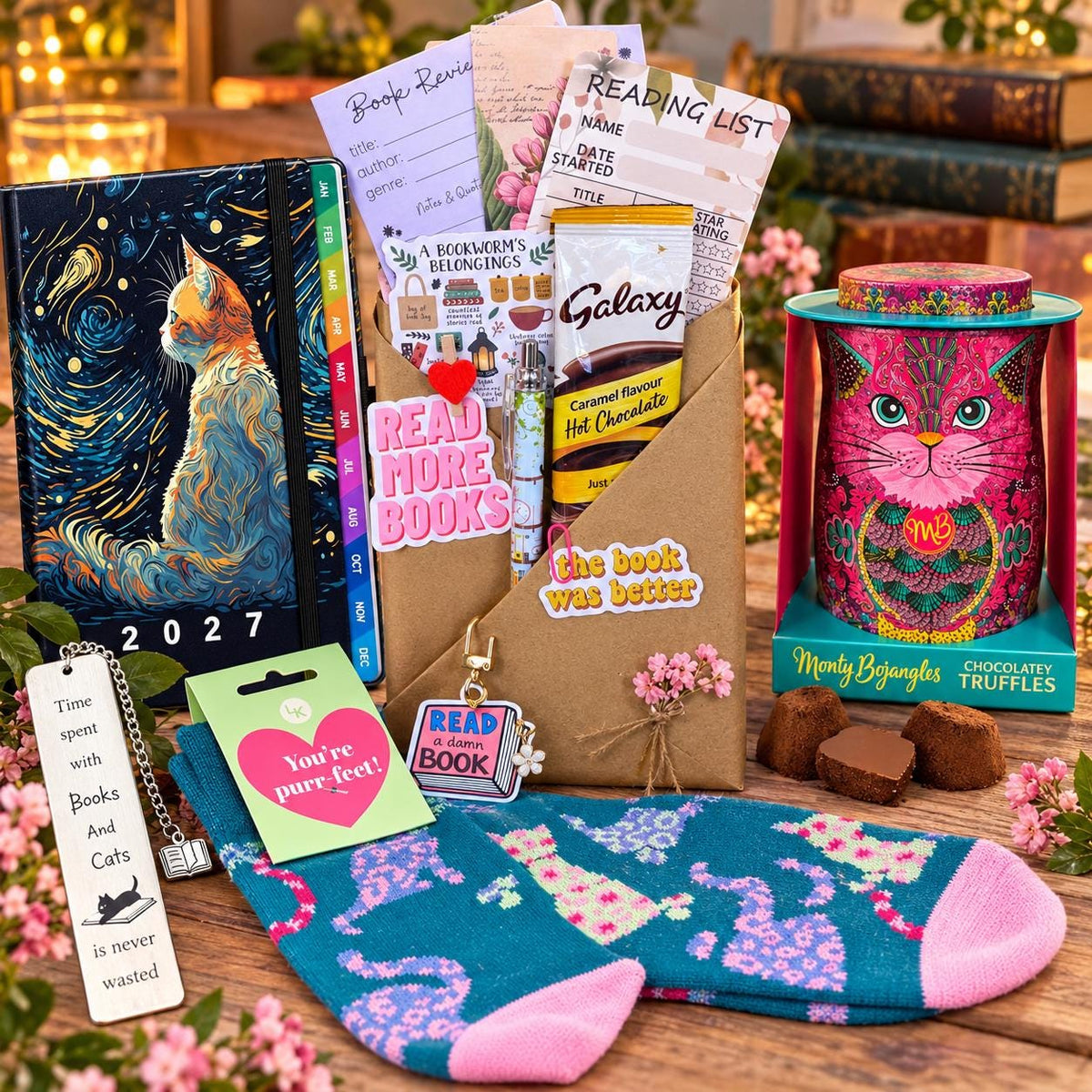 Cat Gift Set | Mystery Book | 2027 Cat Diary, Cat Socks, Bookmark & Chocolate Truffles | Book Lover Gift, Cat Lover Gift