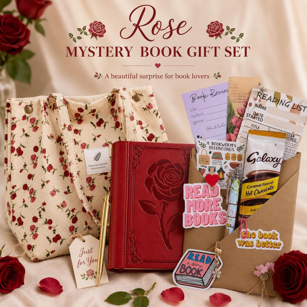 Rose Themed, Mystery Book Gift Set | Book Lover Gift Box | Reading Journal & Tote Bag | Literary Gift for Her | Romantic Reader Gift