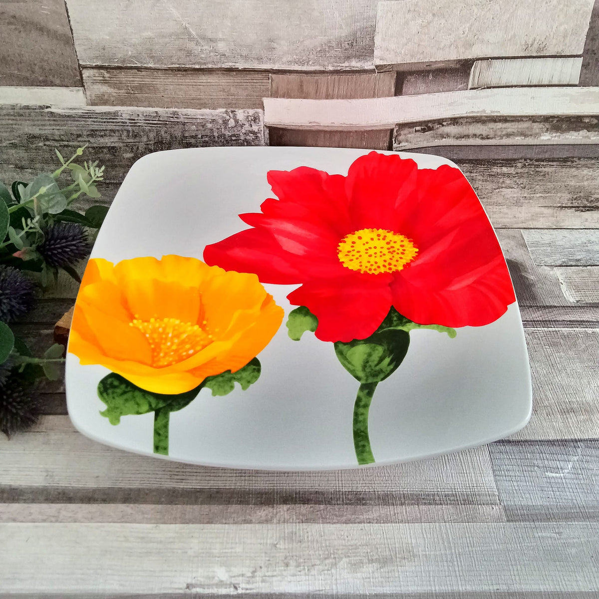 Vintage French Poppy Plate: Square Arc Tableware (26x26cm)