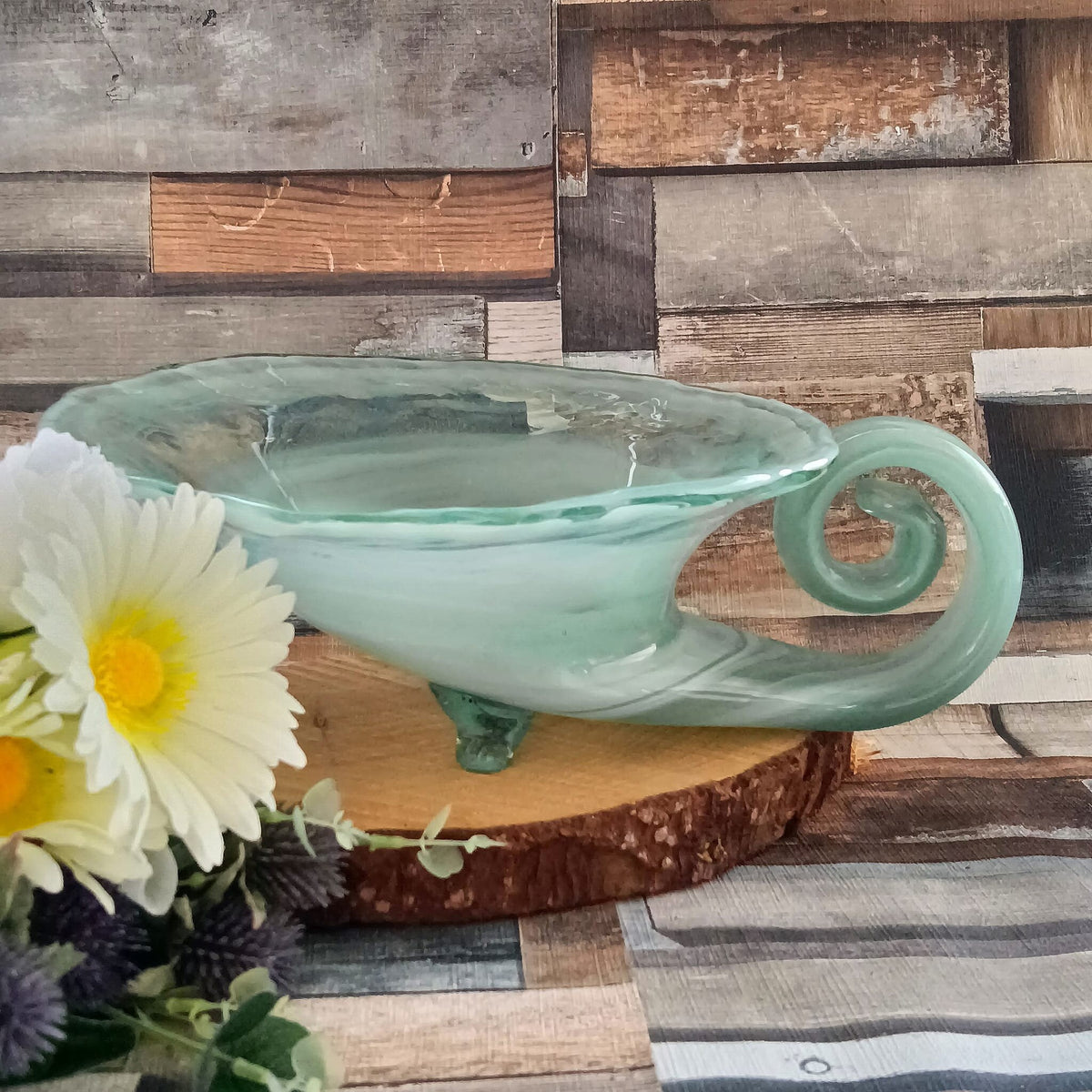 Vintage Green & White Swirl Glass Table Centrepiece: Ornamental Candle Holder