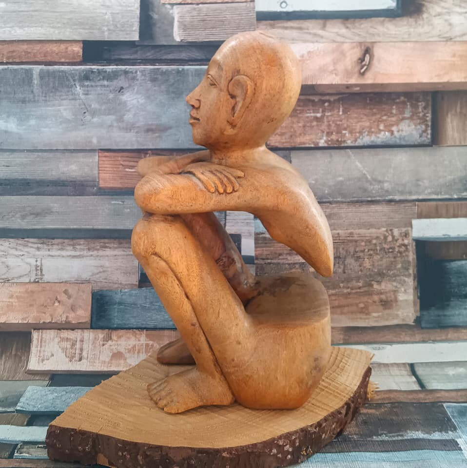 Carved Wood Thinking Man Sculpture: African Thai Decor