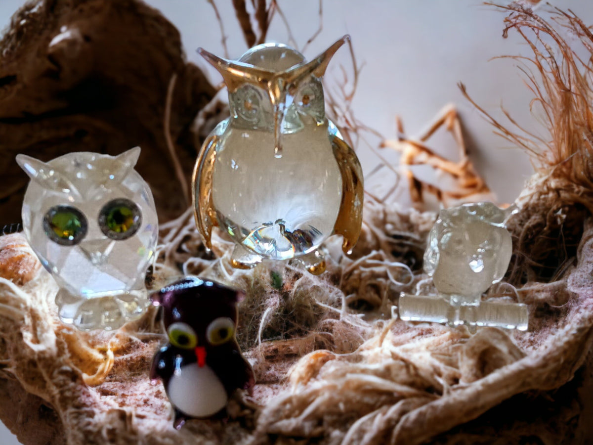 Vintage Owl Figurine Set: Brass, Glass & Wood Owls