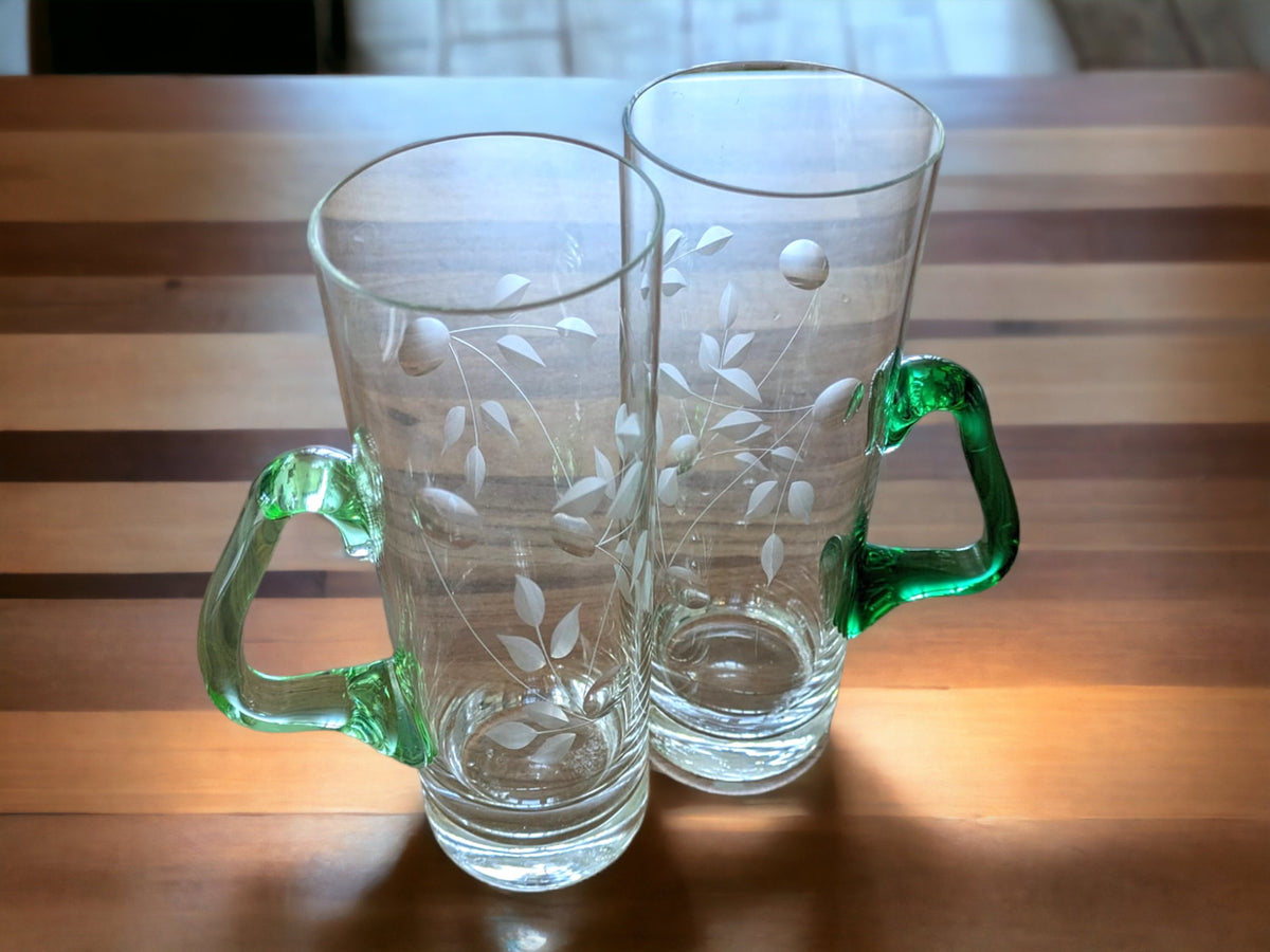 Vintage Etched Glass Mugs: Tall Cocktail Glasses with Green Handles