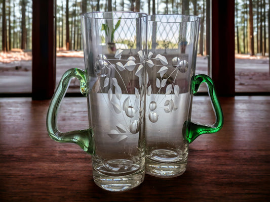 Vintage Etched Glass Mugs: Tall Cocktail Glasses with Green Handles