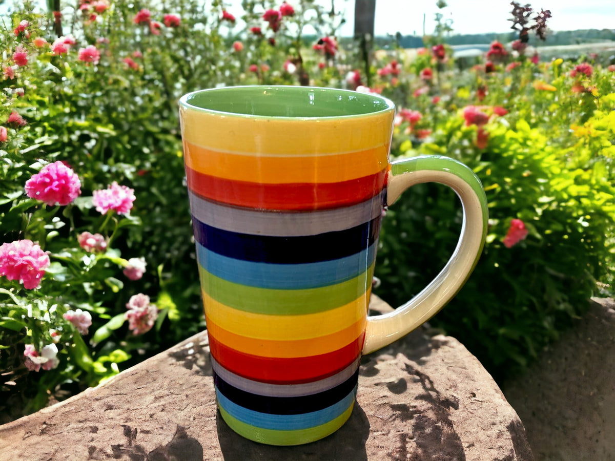 Hand Painted Windhorse Rainbow Mug: Thai Pottery Gift
