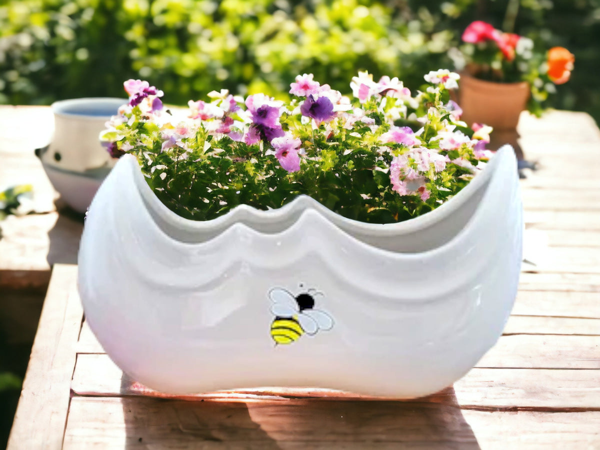 Vintage White Ceramic Bee Planter: Indoor Plant Pot