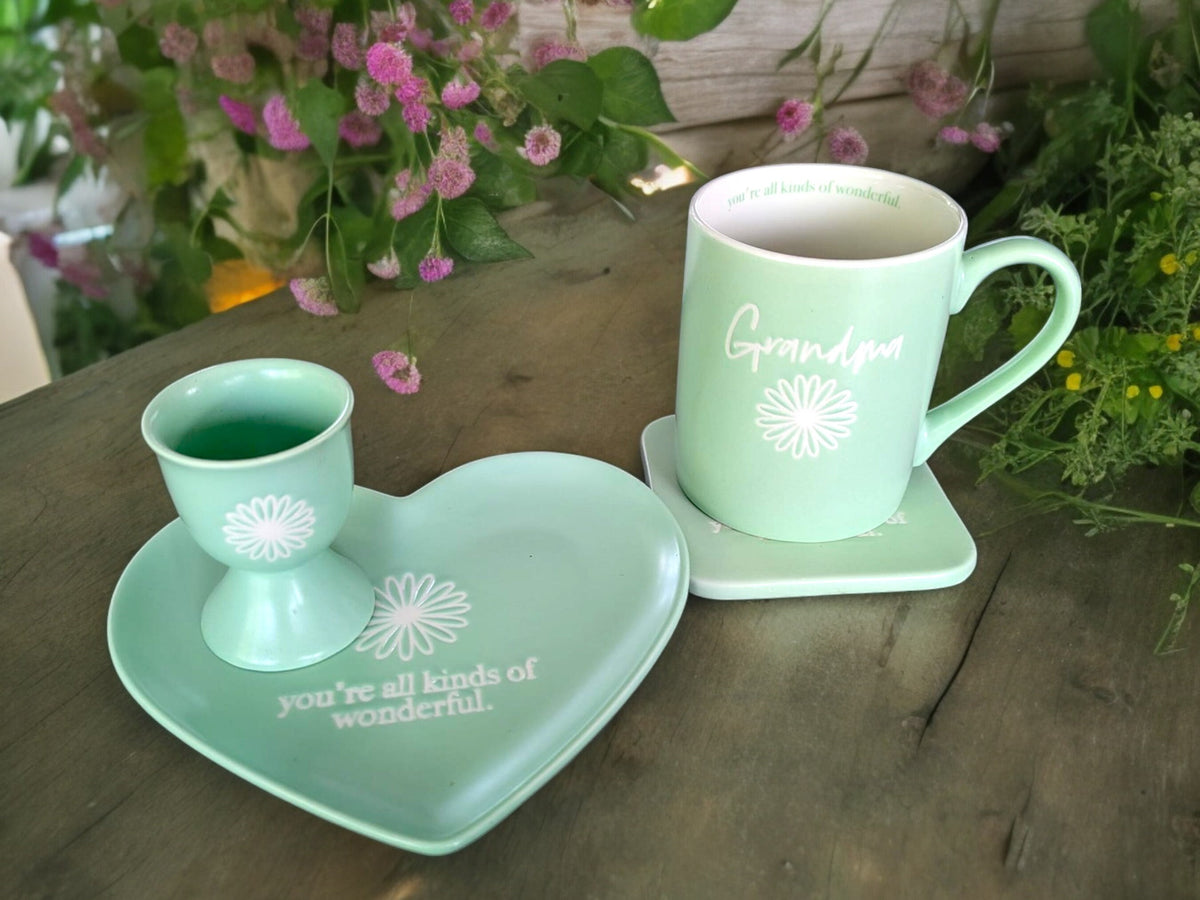 Mint Green Grandma Breakfast Set: Vintage Mug, Plate, Egg Cup