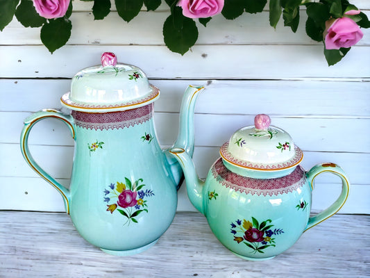 Vintage Adams Ironstone Calyx Teapot and Coffee Pot: Duck Egg Blue Floral Pottery