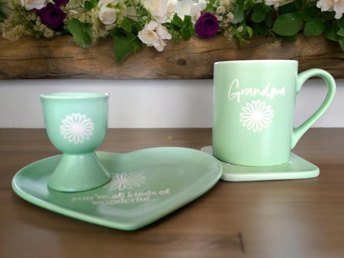 Mint Green Grandma Breakfast Set: Vintage Mug, Plate, Egg Cup