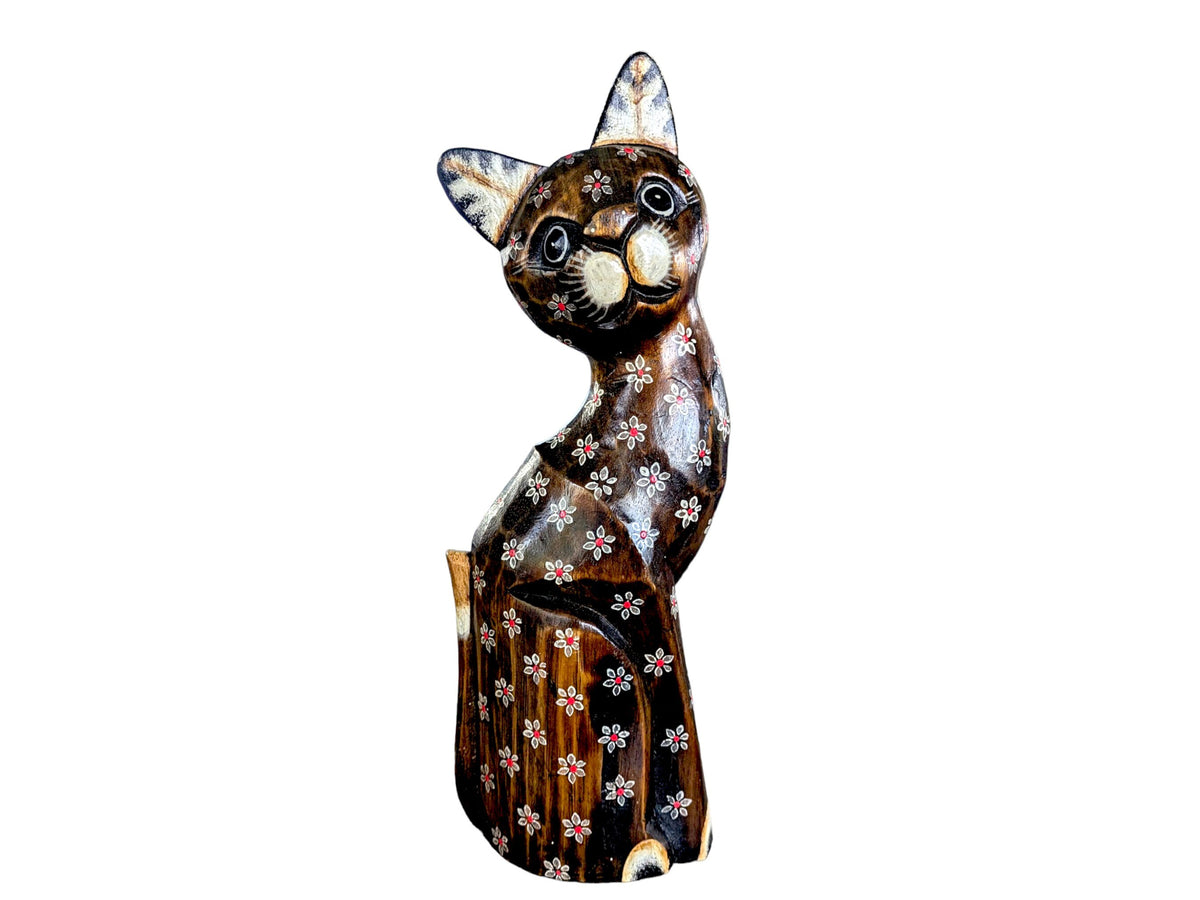 Vintage Cat Ornament Pair: Wood & Ceramic Figurine Set