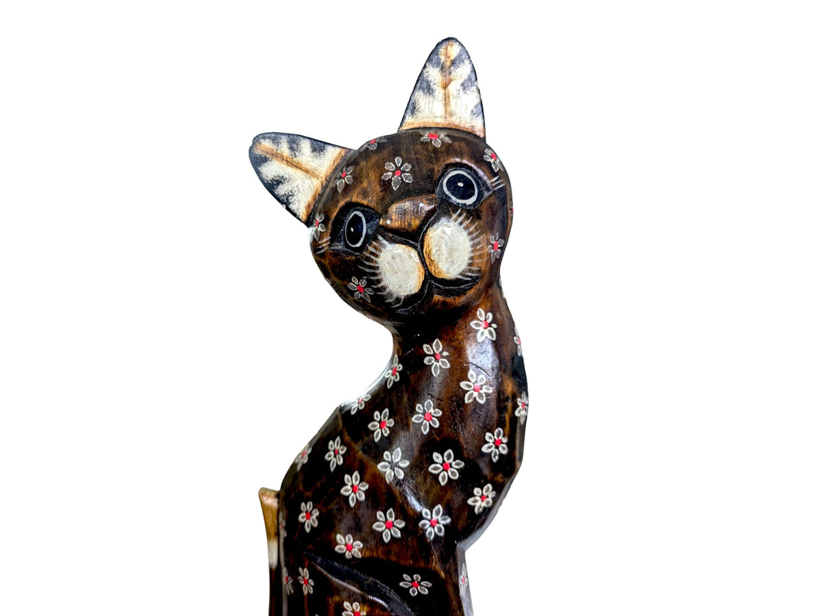 Vintage Cat Ornament Pair: Wood & Ceramic Figurine Set