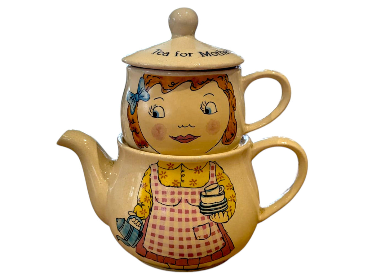 Vintage Girl Tea for One Set – Whimsical “Tea for Mother” Ceramic Teapot & Cup Duo