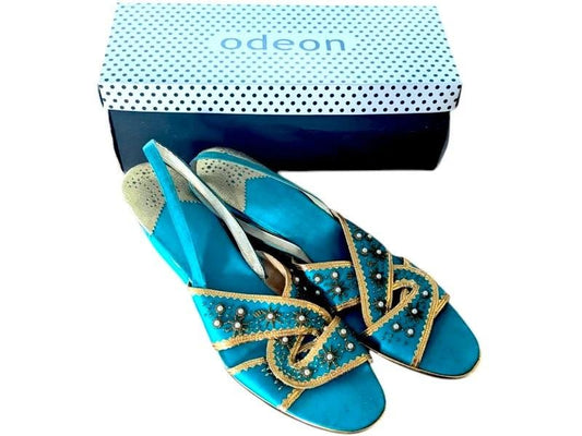 Vintage 1960s Ferragamo Slides: Blue Metallic Boudoir Slippers, Size 7
