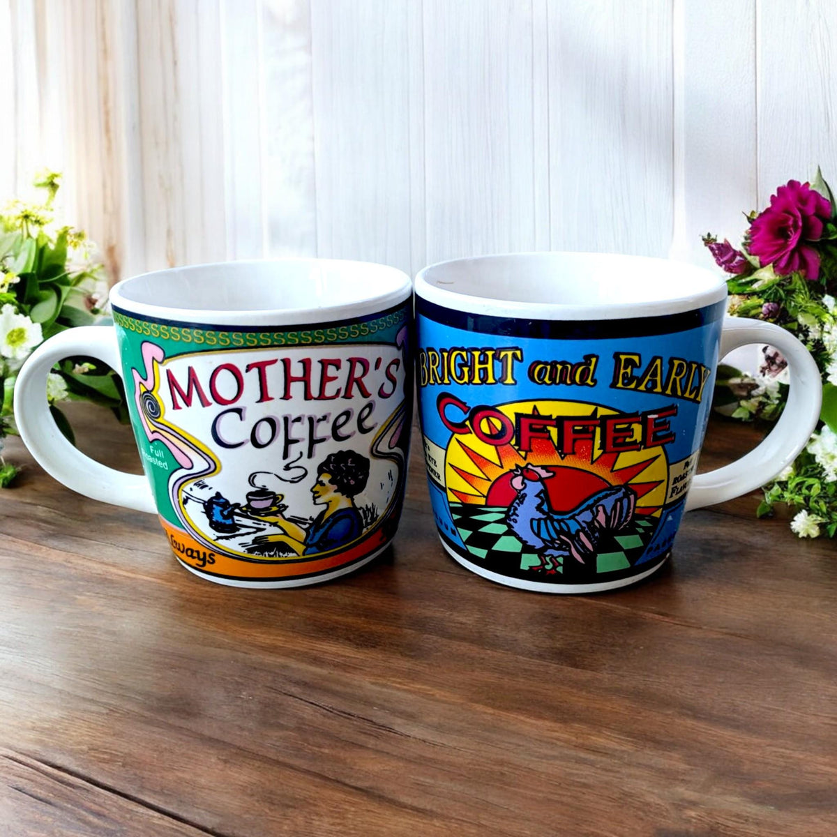Vintage Stoneware Coffee Mugs: Mother's Coffee & Bright and Early, Set of 2