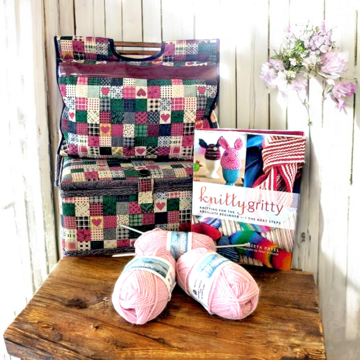 Vintage Patchwork Sewing Box & Knitting Bag Set with Contents