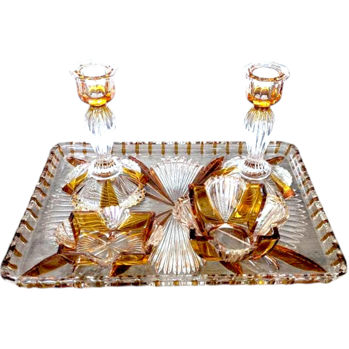 Vintage Amber Glass, Vanity Set: Shabby Chic Candlesticks & Tray
