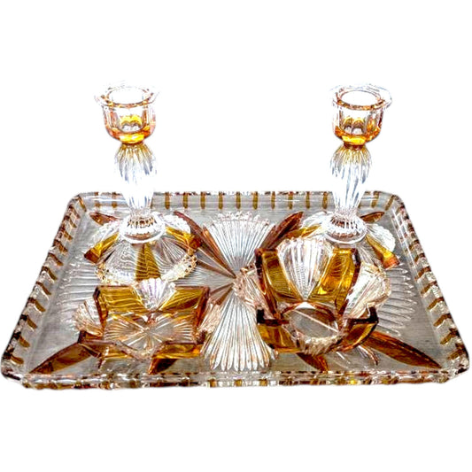Vintage Amber Glass, Vanity Set: Shabby Chic Candlesticks & Tray