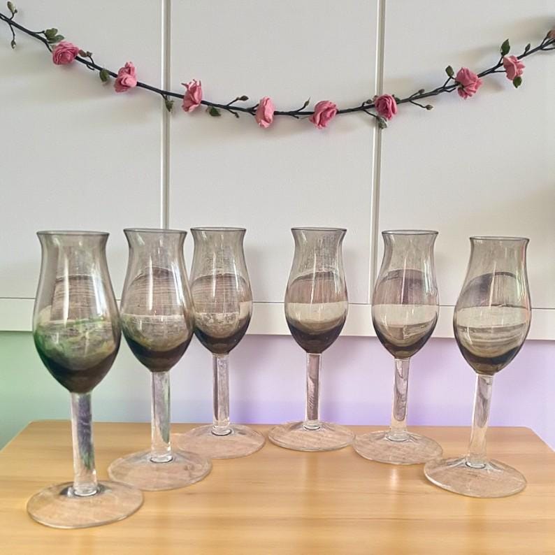 Vintage Smoked Glass Liqueur Glasses - Set of 6
