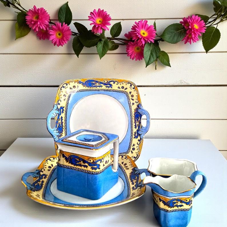 Vintage Royal Winton Ming Teapot Set, Art Deco Blue Dragon Tableware