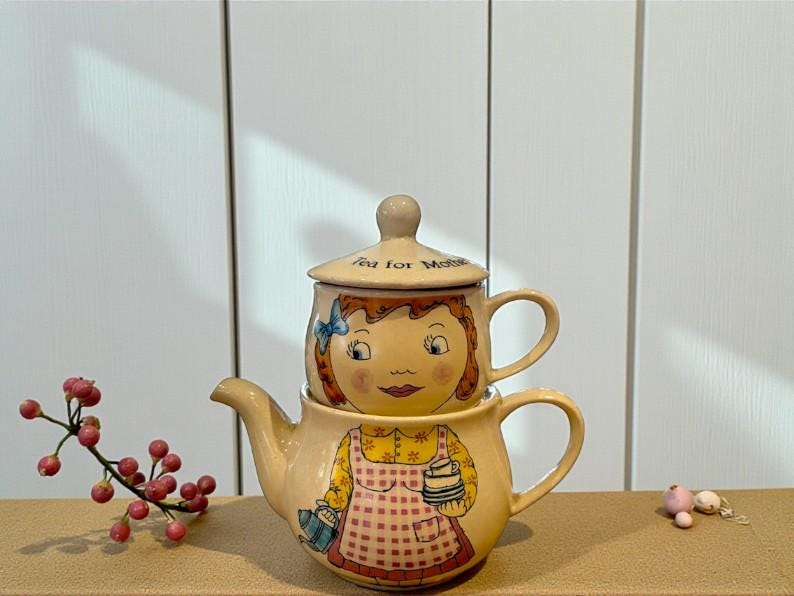 Vintage Girl Tea for One Set – Whimsical “Tea for Mother” Ceramic Teapot & Cup Duo