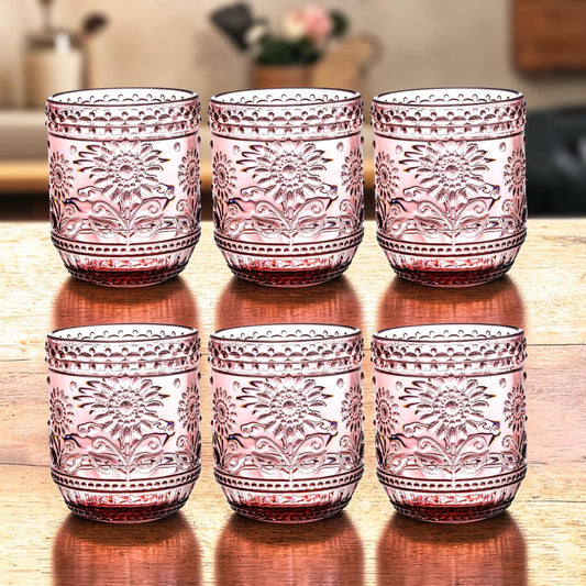 Embossed Floral Drinking Glasses, Vintage Style Glass Tumblers (Set of 6) Pink/Green