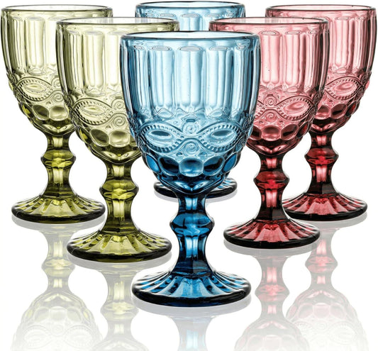 Set of 6 Vintage Style Colored Wine Glasses | Embossed Goblets | Blue Pink Green Wine Glasses | Boho Tableware | Cottagecore Glassware Gift