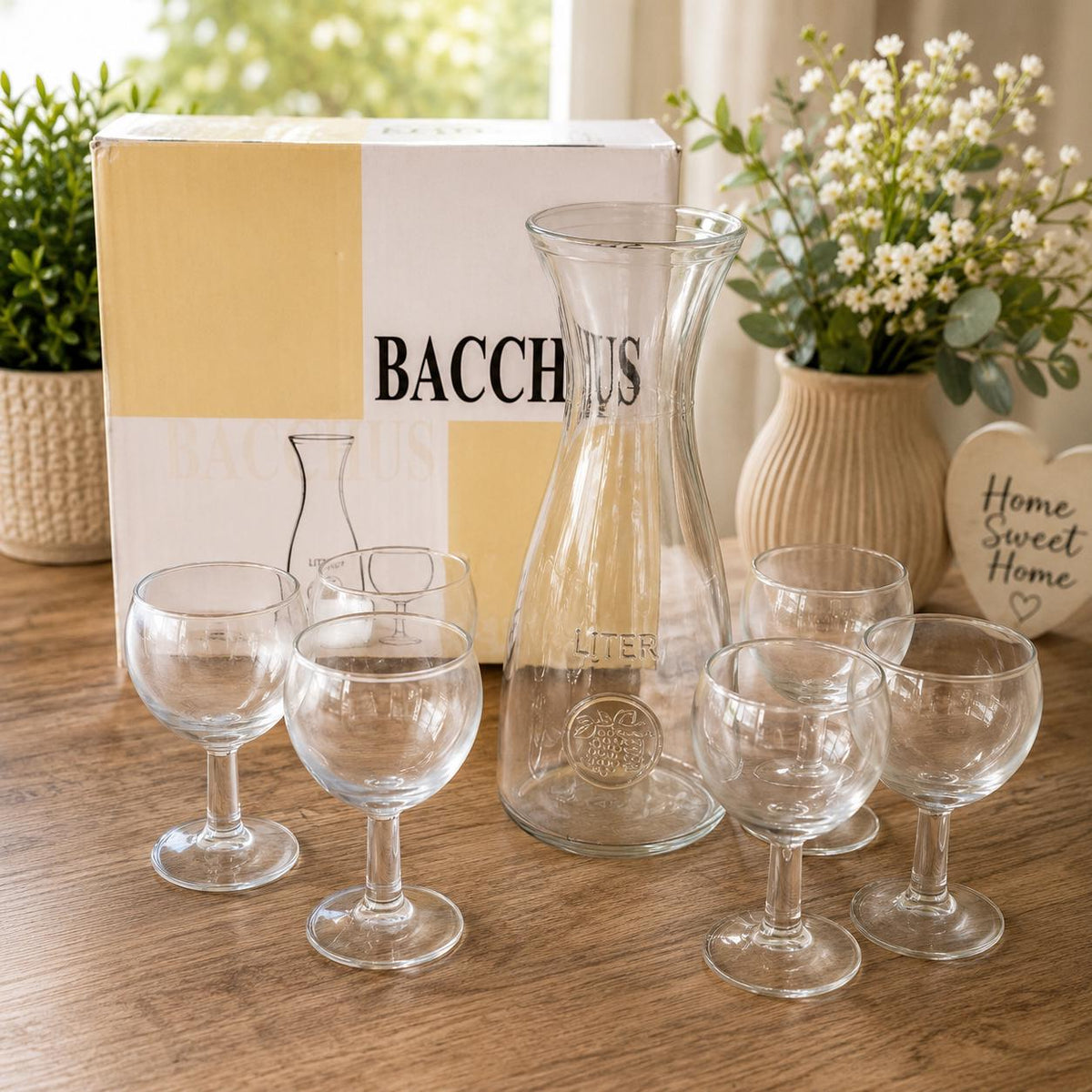 Vintage Bacchus Glass Carafe & 6 Wine Glasses Set with Original Box | 1 Litre Glass Decanter | Mid Century Barware | Retro Entertaining Set