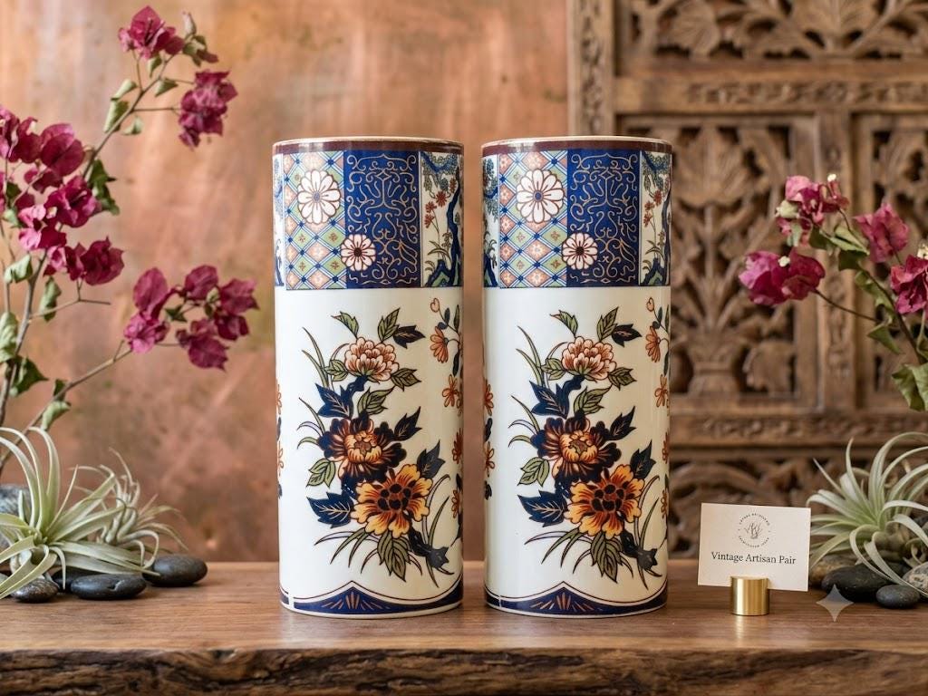 Vintage Vase, Iman Ware Japanese Floral Cylinder Vase