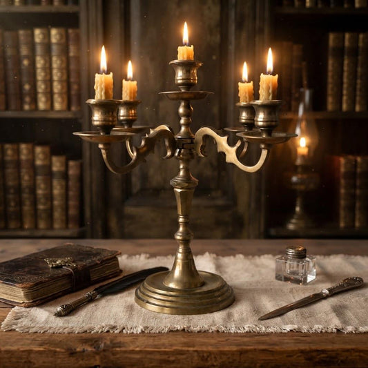 Vintage 5-Arm Brass Candelabra, Heavy Antique Candle Holder, Gothic & Dark Academia Home Decor, Table Centerpiece, Collectible Brass Decor