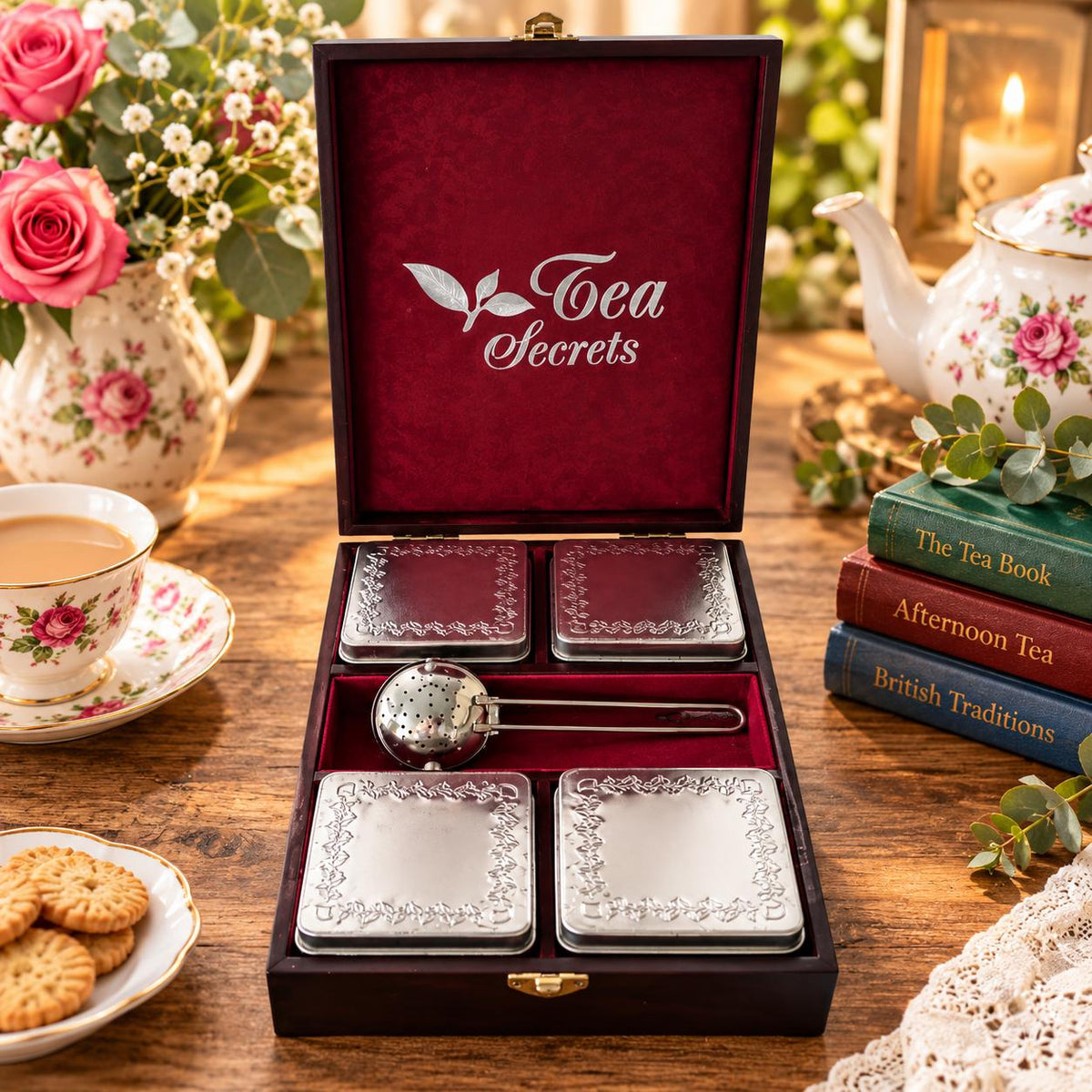 Vintage, Tea Secrets Wooden Tea Box, 4 Loose Leaf Tea Tins & Tea Strainer, Tea Lover Gift, Vintage Tea Storage Box, Afternoon Tea Gift