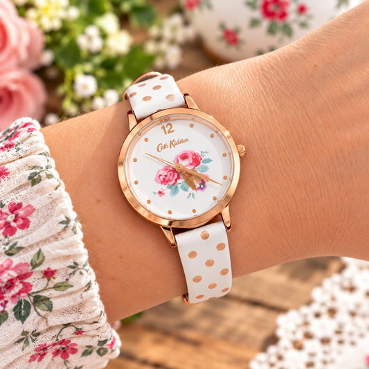 Cath Kidston Mallory Bunch Ladies Watch | Floral Rose Gold Watch | Polka Dot Strap | Preloved Boxed Watch | New Battery