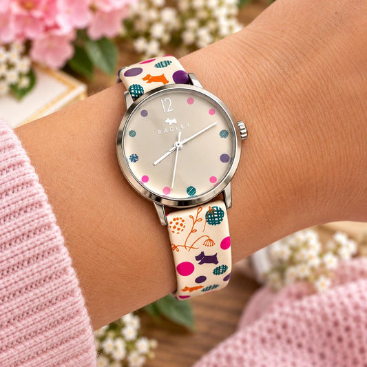 Radley London On The Dot RY2183 Ladies Watch – Colourful Polka Dot Leather Strap, Preloved Very Good Condition, New Battery