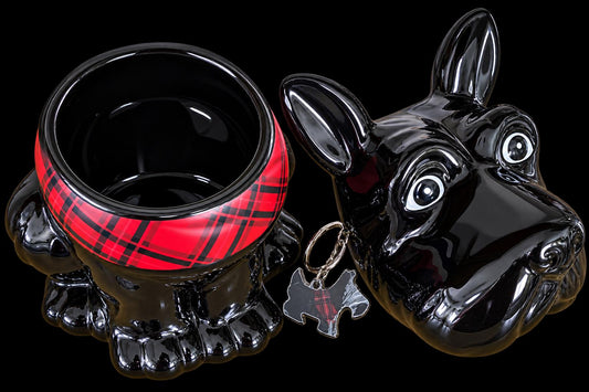 Vintage Scottie Dog Treat Jar | Black Ceramic Scottish Terrier Storage Pot | Red Tartan Collar | Collectable Dog Lover Gift