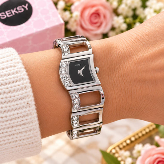 Vintage Style Seksy by Sekonda Ladies Watch | Silver Tone & Black Crystal Bracelet Watch | Preloved Women's Dress Watch, Bedazzled