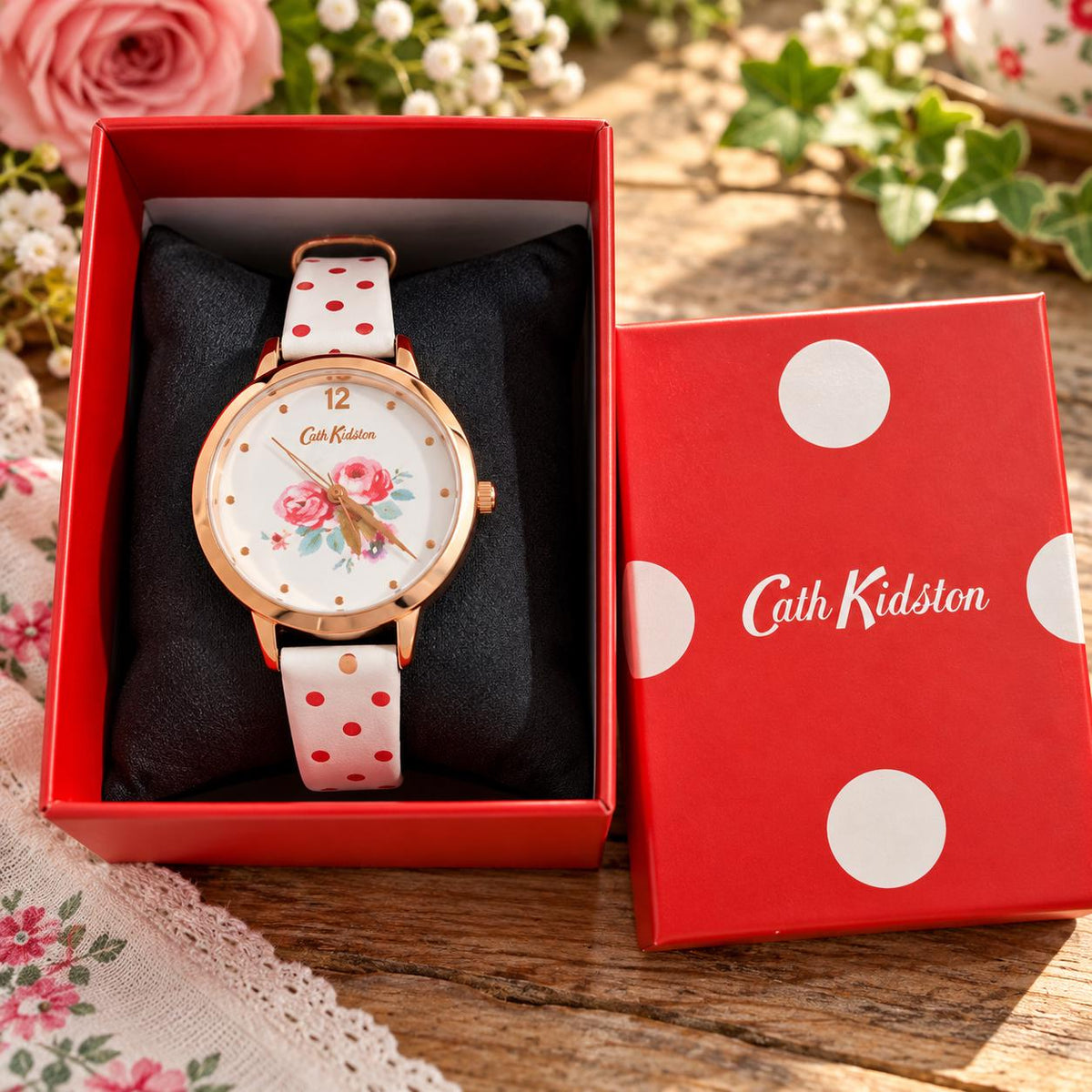 Cath Kidston Mallory Bunch Ladies Watch | Floral Rose Gold Watch | Polka Dot Strap | Preloved Boxed Watch | New Battery