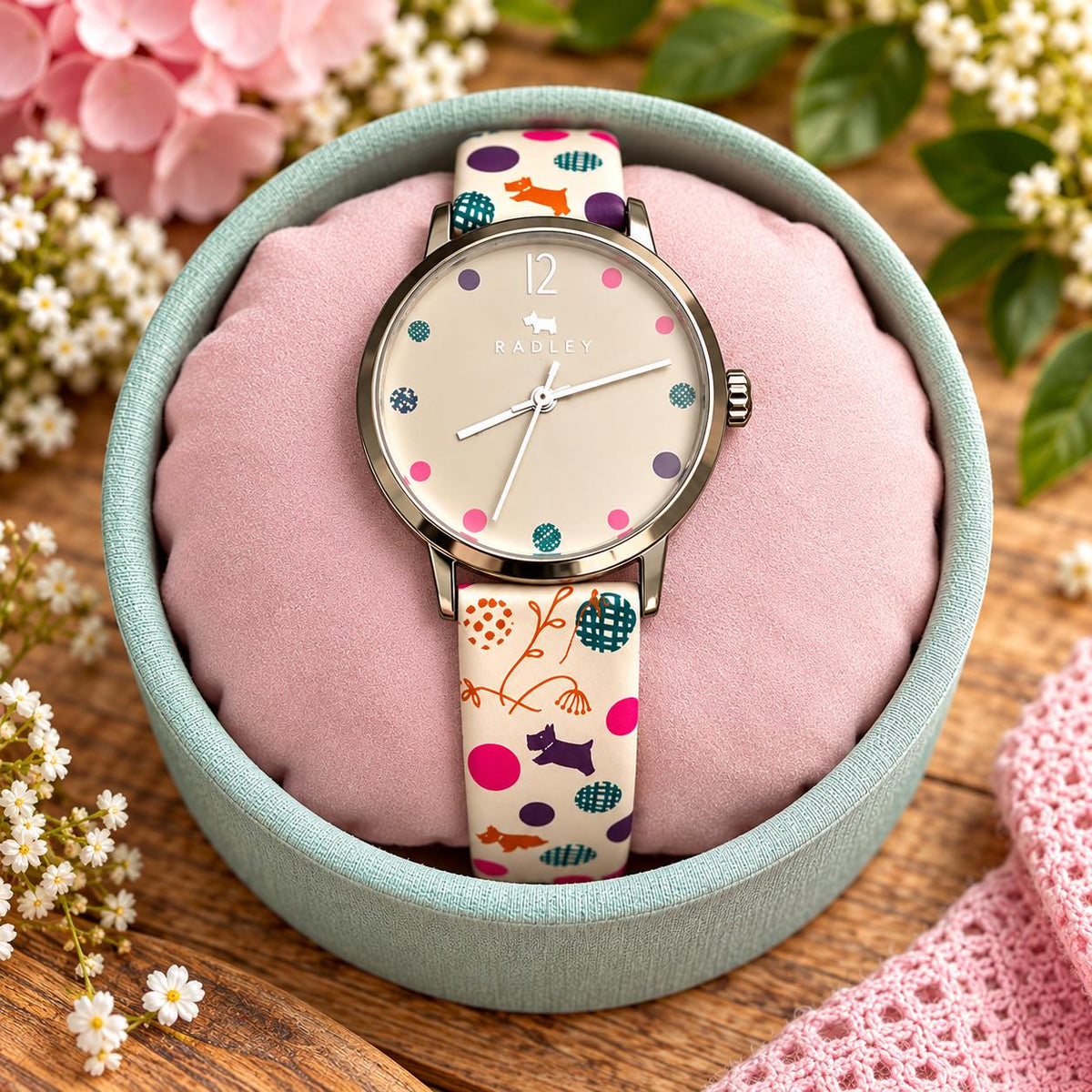 Radley London On The Dot RY2183 Ladies Watch ā Colourful Polka Dot Leather Strap, Preloved Very Good Condition, New Battery