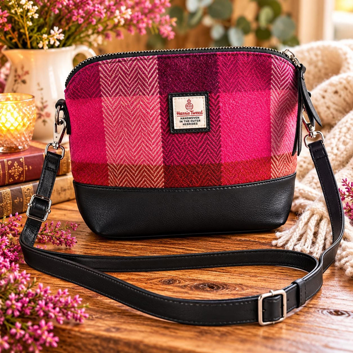 Harris Tweed Crossbody Bag | Preloved, Pink Tartan Shoulder Handbag | Handwoven Outer Hebrides Tweed | Scottish Style Gift for Her