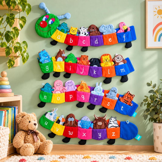 Alphabet Caterpillar Wall Décor | Colorful Kids Room Nursery Learning Decor | Finger Puppets